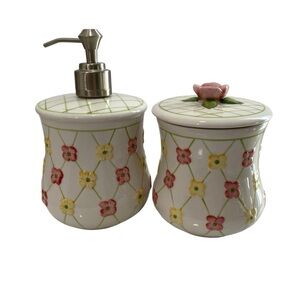Longaberger Dainty Dogwood Hand-Painted Stoneware Soap Dispenser Tumbler Set